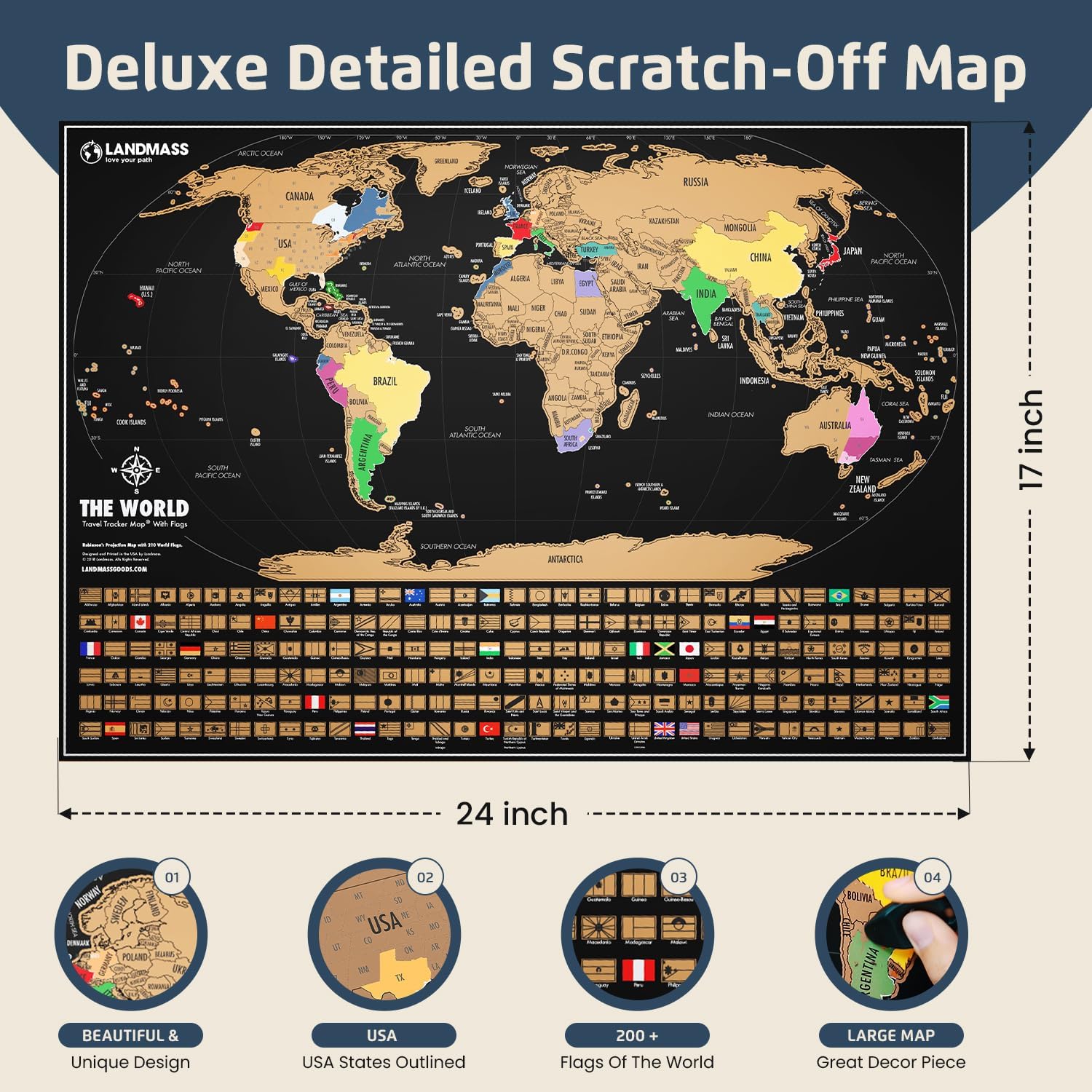Scratch off World Map, Deluxe Travel Tracker Poster with Flags, Detailed Cartography, Gift Idea for Travelers, Map Lovers, Wall Art, Home or Office Decor, 17X24 Inches