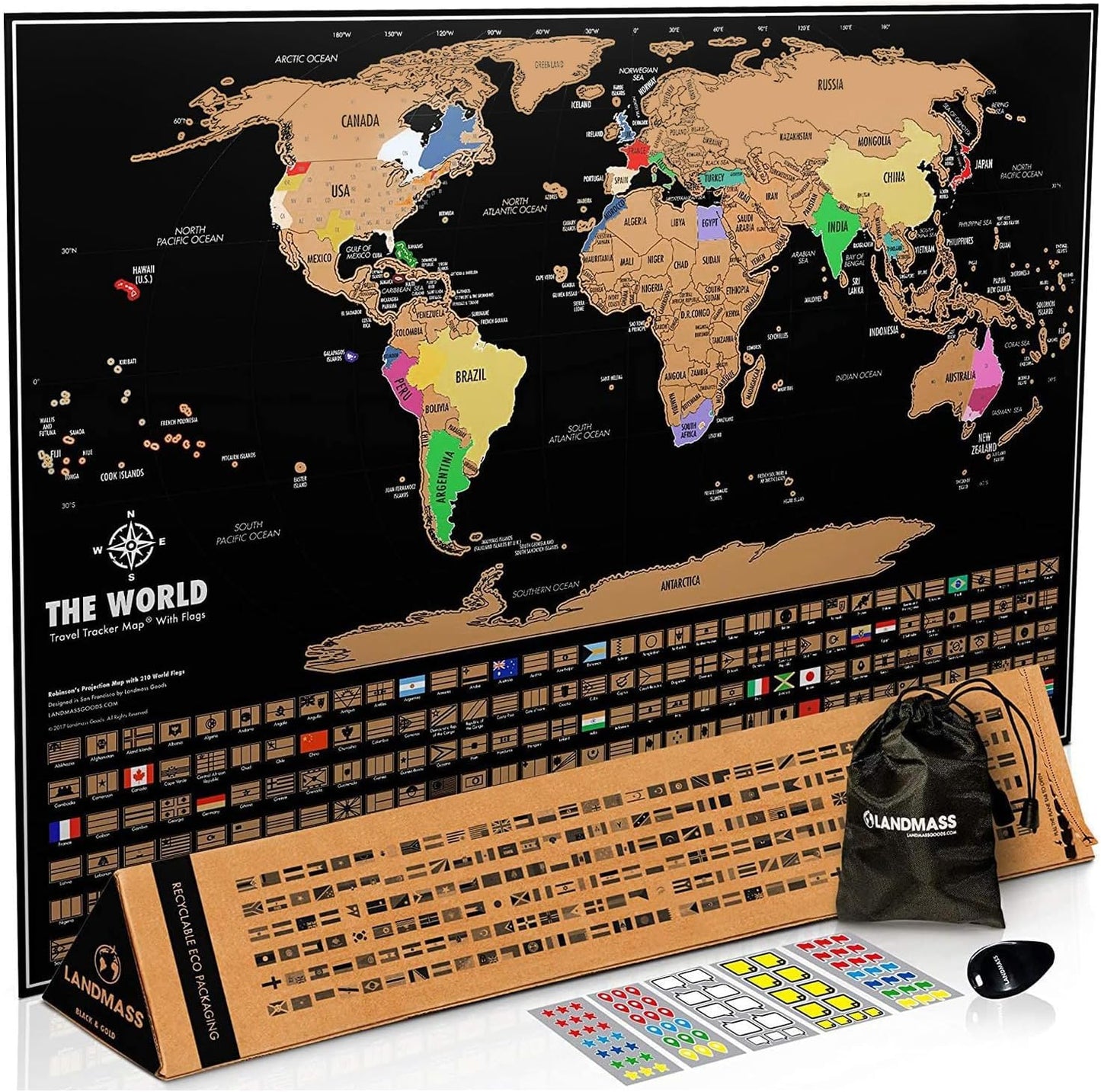 Scratch off World Map, Deluxe Travel Tracker Poster with Flags, Detailed Cartography, Gift Idea for Travelers, Map Lovers, Wall Art, Home or Office Decor, 17X24 Inches